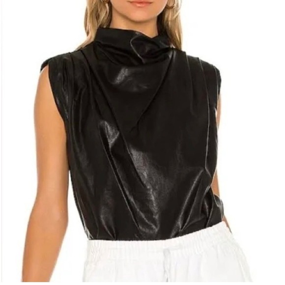 Amanda Uprichard Fabienne Black Faux Leather Sleeveless Top Cowl Neck Blouse - Picture 1 of 9